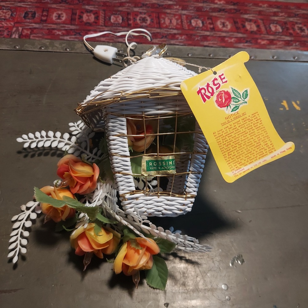 Vintage Rossini White Wicker Birdcage Lantern Lamp Orange Roses Made Hong Kong